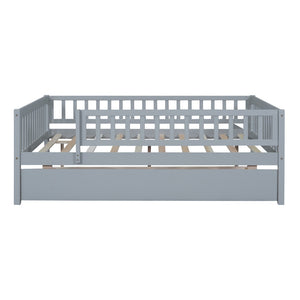 English Elm Full Size Pine Wood Daybed with Roll Out Trundle Fence Rail Guest Room Sleeper Gray WF301863AAE