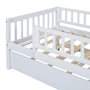 English Elm Twin Pine Wood Daybed with Roll Out Trundle Fence Guardrails Cabin Style Frame White WF301862AAK