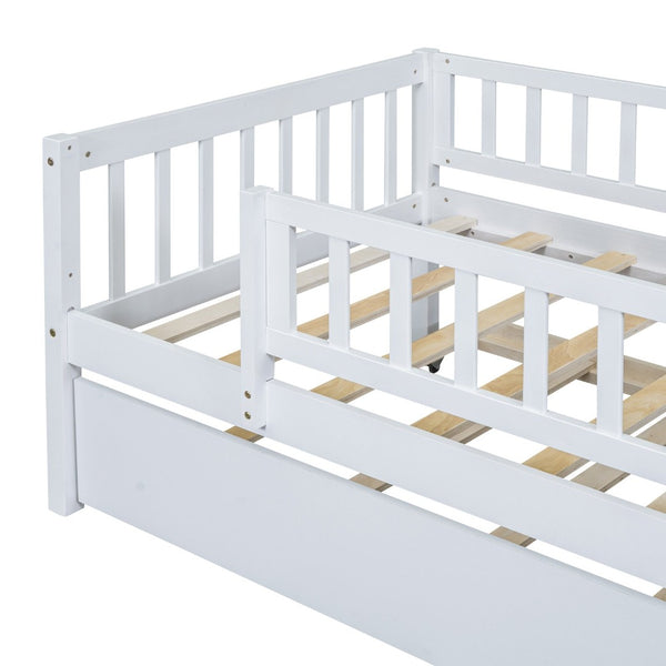 English Elm Twin Pine Wood Daybed with Roll Out Trundle Fence Guardrails Cabin Style Frame White WF301862AAK