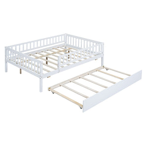 English Elm Full Size Pine Wood Daybed with Roll Out Trundle Fence Rail Guest Room Sleeper WF301863AAK