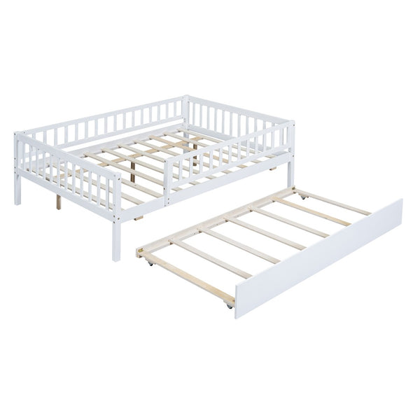English Elm Full Size Pine Wood Daybed with Roll Out Trundle Fence Rail Guest Room Sleeper WF301863AAK