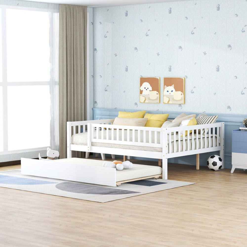 English Elm Full Size Pine Wood Daybed with Roll Out Trundle Fence Rail Guest Room Sleeper WF301863AAK