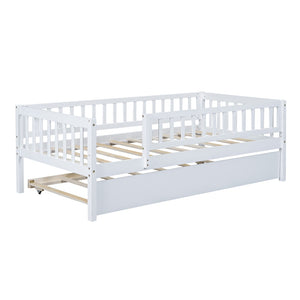 English Elm Twin Pine Wood Daybed with Roll Out Trundle Fence Guardrails Cabin Style Frame White WF301862AAK