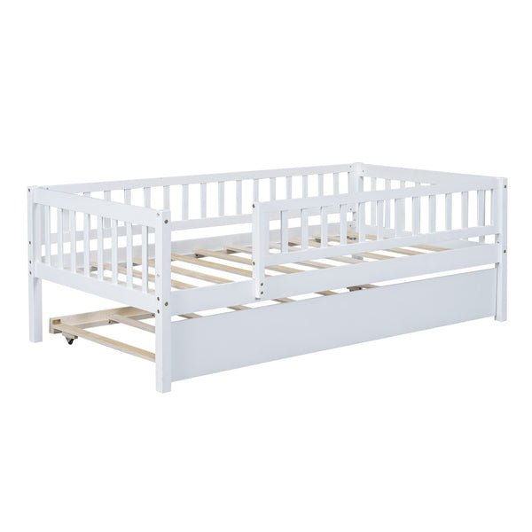 English Elm Twin Pine Wood Daybed with Roll Out Trundle Fence Guardrails Cabin Style Frame White WF301862AAK