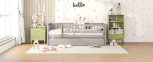 English Elm Twin Pine Wood Daybed with Roll Out Trundle Fence Guardrails Cabin Style Frame Gray WF301862AAE