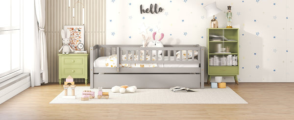 English Elm Twin Pine Wood Daybed with Roll Out Trundle Fence Guardrails Cabin Style Frame Gray WF301862AAE
