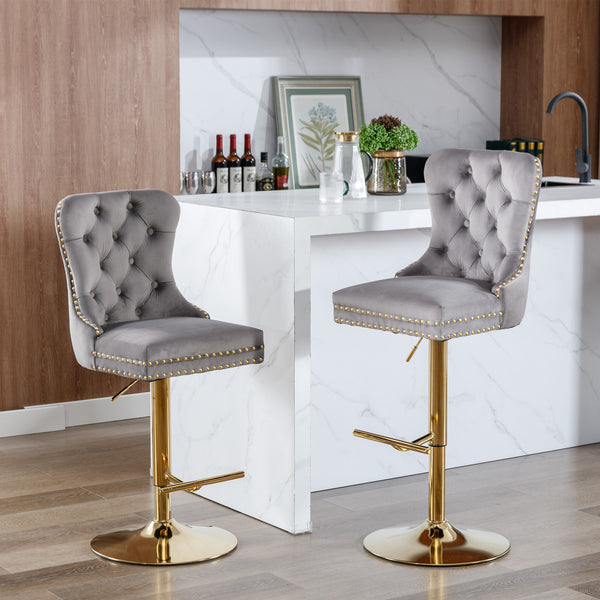 English Elm A&A Stylish Gray Velvet Swivel Barstools Set Of 2 With Adjustable Height & Modern Gold Base For Home W114367604