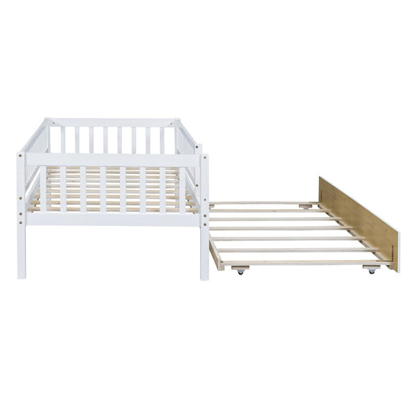 English Elm Twin Pine Wood Daybed with Roll Out Trundle Fence Guardrails Cabin Style Frame White WF301862AAK