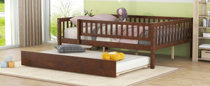 English Elm Full Size Pine Wood Daybed with Roll Out Trundle Fence Rail Guest Room Sleeper Walnut WF301863AAL
