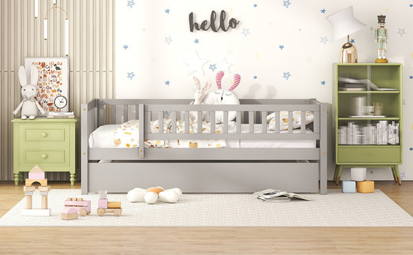 English Elm Twin Pine Wood Daybed with Roll Out Trundle Fence Guardrails Cabin Style Frame Gray WF301862AAE