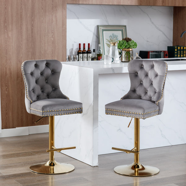 English Elm A&A Stylish Gray Velvet Swivel Barstools Set Of 2 With Adjustable Height & Modern Gold Base For Home W114367604