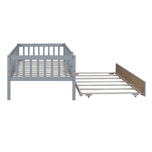 English Elm Twin Pine Wood Daybed with Roll Out Trundle Fence Guardrails Cabin Style Frame Gray WF301862AAE