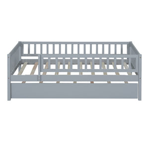 English Elm Twin Pine Wood Daybed with Roll Out Trundle Fence Guardrails Cabin Style Frame Gray WF301862AAE