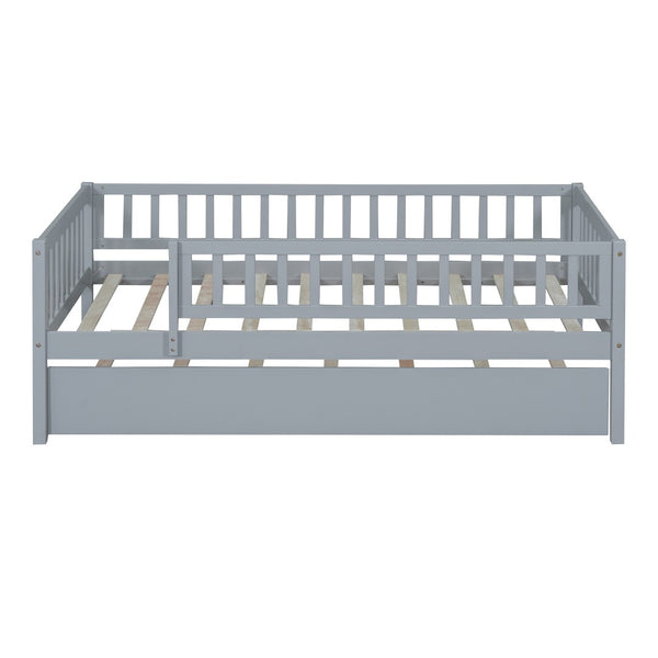 English Elm Twin Pine Wood Daybed with Roll Out Trundle Fence Guardrails Cabin Style Frame Gray WF301862AAE