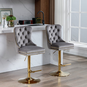 English Elm A&A Stylish Gray Velvet Swivel Barstools Set Of 2 With Adjustable Height & Modern Gold Base For Home W114367604