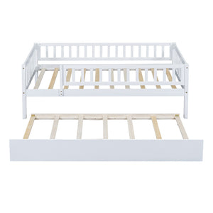 English Elm Twin Pine Wood Daybed with Roll Out Trundle Fence Guardrails Cabin Style Frame White WF301862AAK