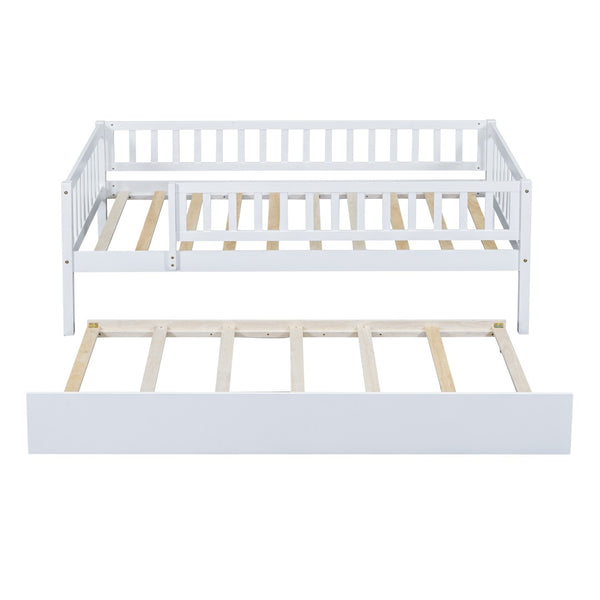 English Elm Twin Pine Wood Daybed with Roll Out Trundle Fence Guardrails Cabin Style Frame White WF301862AAK