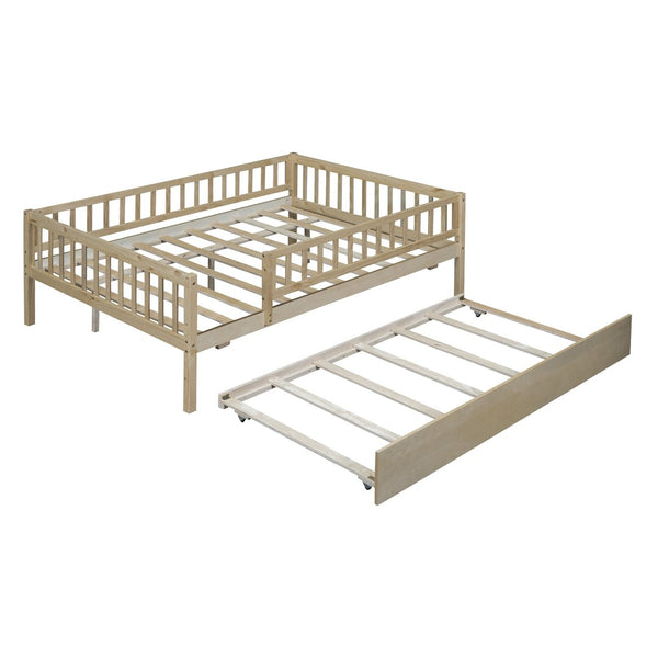 English Elm Full Size Pine Wood Daybed with Roll Out Trundle Fence Rail Guest Room Sleeper Natural WF301863AAN