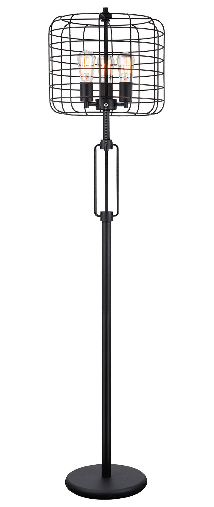 English Elm 65"H Black Industrial Wire Cage Floor Lamp with 3 Edison Bulbs, Matte Metal Body, 65" Tall Cast Iron Design B080107042