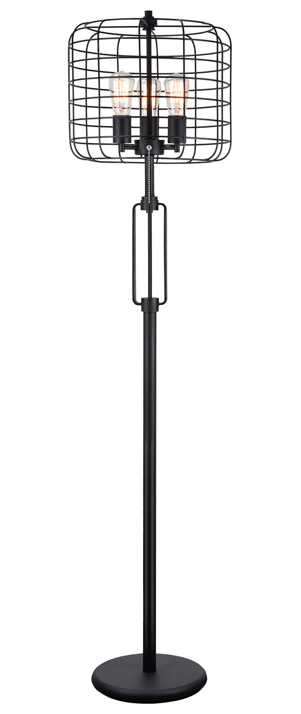 English Elm 65"H Black Industrial Wire Cage Floor Lamp with 3 Edison Bulbs, Matte Metal Body, 65" Tall Cast Iron Design B080107042