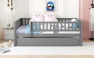 English Elm Full Size Pine Wood Daybed with Roll Out Trundle Fence Rail Guest Room Sleeper Gray WF301863AAE