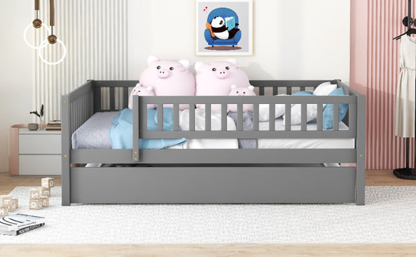 English Elm Full Size Pine Wood Daybed with Roll Out Trundle Fence Rail Guest Room Sleeper Gray WF301863AAE