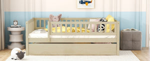 English Elm Full Size Pine Wood Daybed with Roll Out Trundle Fence Rail Guest Room Sleeper Natural WF301863AAN