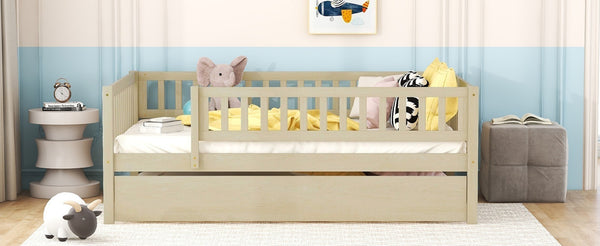 English Elm Full Size Pine Wood Daybed with Roll Out Trundle Fence Rail Guest Room Sleeper Natural WF301863AAN