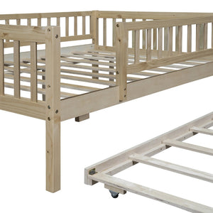 English Elm Full Size Pine Wood Daybed with Roll Out Trundle Fence Rail Guest Room Sleeper Natural WF301863AAN
