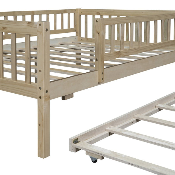 English Elm Full Size Pine Wood Daybed with Roll Out Trundle Fence Rail Guest Room Sleeper Natural WF301863AAN