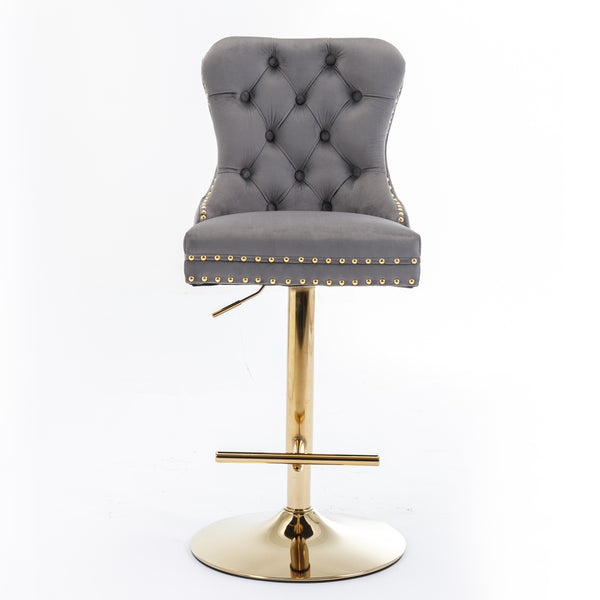 English Elm A&A Stylish Gray Velvet Swivel Barstools Set Of 2 With Adjustable Height & Modern Gold Base For Home W114367604