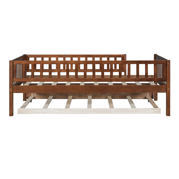 English Elm Twin Pine Wood Daybed with Roll Out Trundle Fence Guardrails Cabin Style Frame Walnut WF301862AAL