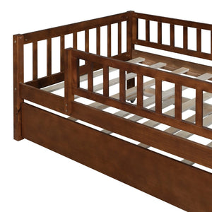 English Elm Twin Pine Wood Daybed with Roll Out Trundle Fence Guardrails Cabin Style Frame Walnut WF301862AAL