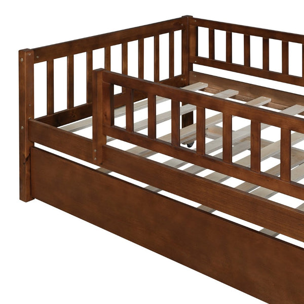 English Elm Twin Pine Wood Daybed with Roll Out Trundle Fence Guardrails Cabin Style Frame Walnut WF301862AAL