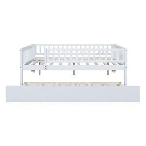 English Elm Full Size Pine Wood Daybed with Roll Out Trundle Fence Rail Guest Room Sleeper WF301863AAK