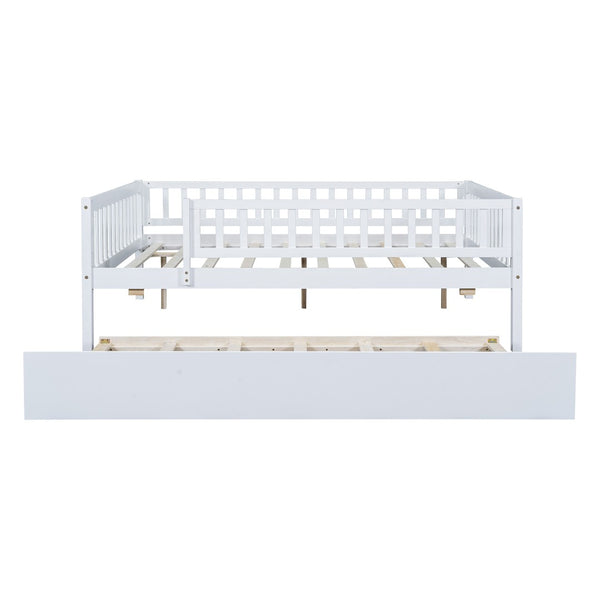 English Elm Full Size Pine Wood Daybed with Roll Out Trundle Fence Rail Guest Room Sleeper WF301863AAK