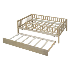 English Elm Full Size Pine Wood Daybed with Roll Out Trundle Fence Rail Guest Room Sleeper Natural WF301863AAN