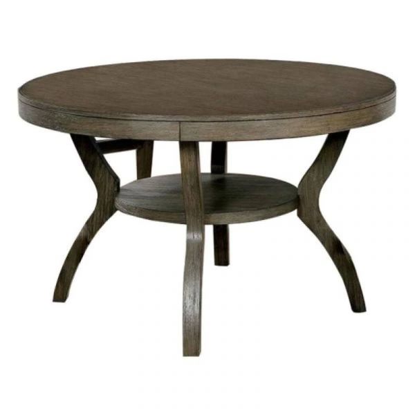English Elm Rustic Grey Solid Wood Round Dining Table 48" Dia x 30" H with Open Shelf, Curved Legs, Farmhouse Charm B011107814