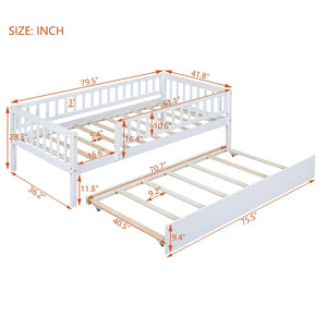 English Elm Twin Pine Wood Daybed with Roll Out Trundle Fence Guardrails Cabin Style Frame White WF301862AAK