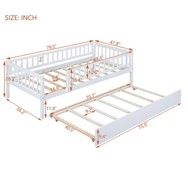 English Elm Twin Pine Wood Daybed with Roll Out Trundle Fence Guardrails Cabin Style Frame White WF301862AAK