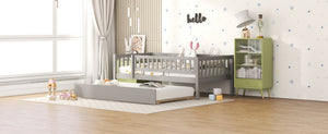 English Elm Twin Pine Wood Daybed with Roll Out Trundle Fence Guardrails Cabin Style Frame Gray WF301862AAE