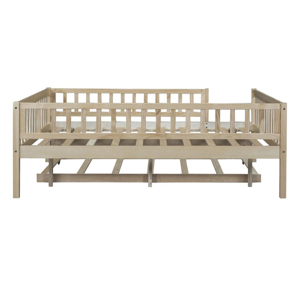 English Elm Full Size Pine Wood Daybed with Roll Out Trundle Fence Rail Guest Room Sleeper Natural WF301863AAN