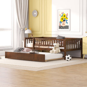 English Elm Twin Pine Wood Daybed with Roll Out Trundle Fence Guardrails Cabin Style Frame Walnut WF301862AAL