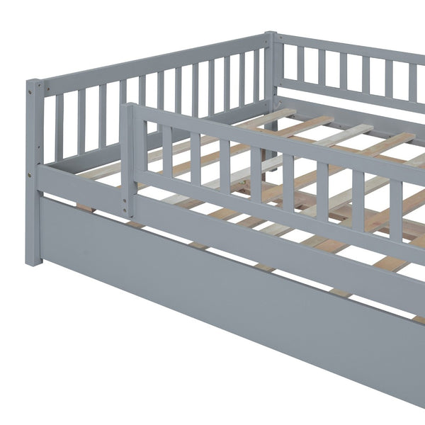 English Elm Full Size Pine Wood Daybed with Roll Out Trundle Fence Rail Guest Room Sleeper Gray WF301863AAE
