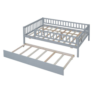 English Elm Full Size Pine Wood Daybed with Roll Out Trundle Fence Rail Guest Room Sleeper Gray WF301863AAE