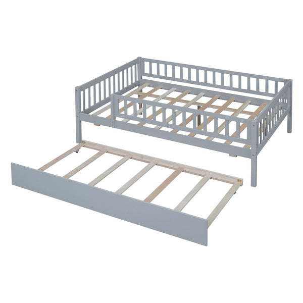 English Elm Full Size Pine Wood Daybed with Roll Out Trundle Fence Rail Guest Room Sleeper Gray WF301863AAE