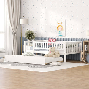 English Elm Twin Pine Wood Daybed with Roll Out Trundle Fence Guardrails Cabin Style Frame White WF301862AAK