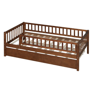 English Elm Twin Pine Wood Daybed with Roll Out Trundle Fence Guardrails Cabin Style Frame Walnut WF301862AAL