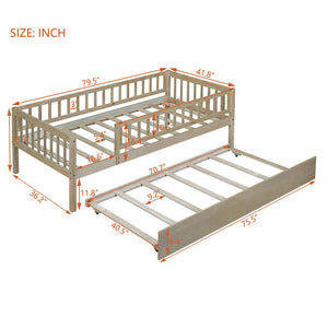 English Elm Twin Pine Wood Daybed with Roll Out Trundle Fence Guardrails Cabin Style Frame Natural WF301862AAN