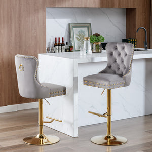 English Elm A&A Stylish Gray Velvet Swivel Barstools Set Of 2 With Adjustable Height & Modern Gold Base For Home W114367604